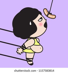 A Fat Young Girl With A Tied Rope Around Her Neck, Hand And Leg Trying to Move and Bite Hanging Sausage. Concept Of Seriously Weight Loser Card Character illustration