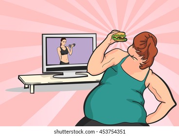 fat young girl wants to lose weight in front of TV with a meal