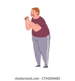 Fat Young Man Eating Burger, Obese Person Enjoying of Fast Food Dish, Unhealthy Diet and Lifestyle Vector Illustration