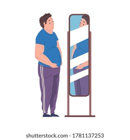 Fat Young Man Looking at his Reflection in the Mirror, Young Overweight Man Getting Fit Cartoon Vector Illustration on White Background