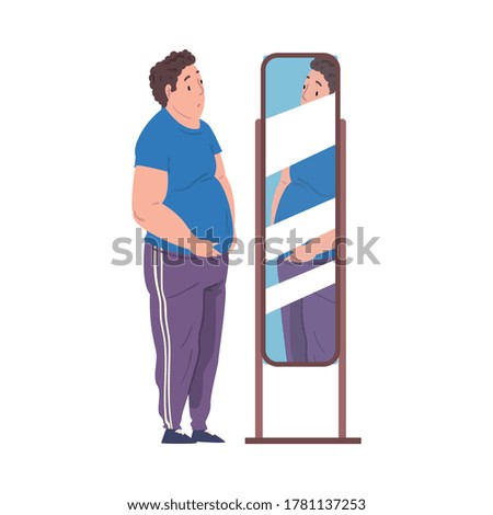 Fat Young Man Looking at his Reflection in the Mirror, Young Overweight Man Getting Fit Cartoon Vector Illustration on White Background