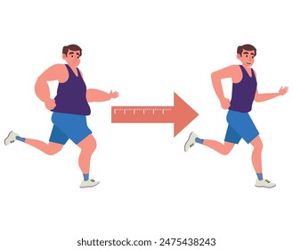 Fat young man with obesity problem engaged in fitness to lose weight. Overweight man runs fighting for a slim athletic body. Flat vector illustration isolated on white.