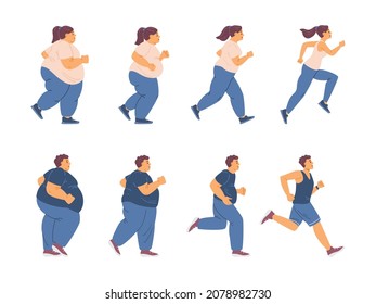 Fat young woman and man with obesity problem engaged fitness for lose weight. Overweight people run striving for a slim athletic body. Flat vector illustrations isolated on white