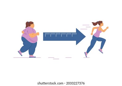 Fat young woman with obesity problem engaged fitness for lose weight. Overweight female person run striving for a slim athletic body. Flat vector illustration isolated on white.