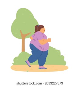 Fat young woman with overweight engaged fitness for lose weight. Obese female person leading healthy lifestyle runs in park. Flat vector illustration isolated on white.