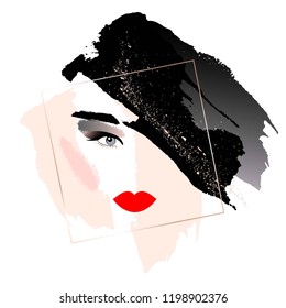 Fatal brunette. Woman's face with makeup. Abstract face. Fashion illustration.