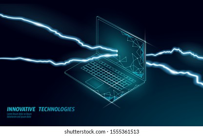 Fatal computer system crash. Software error bug data lost. Computer service repair help business concept. 3D laptop virus attack information security alert vector illustration
