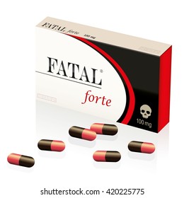 Fatal, lethal, deadly pills, symbolized by a fake medicine packet named FATAL FORTE with a skull as brand logo on it. Isolated vector illustration on white background.