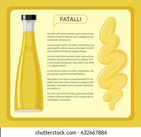 Fatalli sauce framed banner with sample text. Traditional seasoning from hot chili pepper in glass bottle flat vector. African national cuisine ingredient illustration for restraint menus design