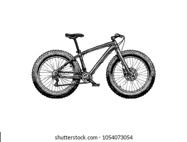 Fatbike. Vector ink hand drawn illustration of off-road bicycle in vintage engraved style. 