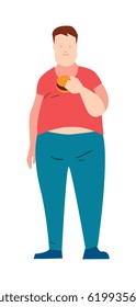 Fatboy with burger vector illustration isolated on white background. Male character in flat design.