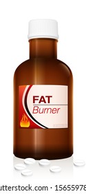 Fatburner pills in a medicine bottle. Pharmaceutical treatment to lose weight, a medical fake product. Isolated vector on white background.
