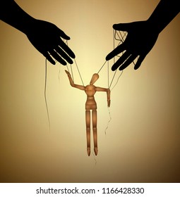 fate concept, wooden marionette manipulation by black hand, vector