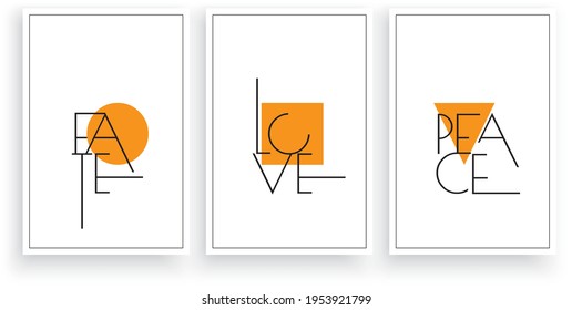 Fate, love, piece, vector. Wording design, lettering. Modern scandinavian minimalist wall art design. Three pieces poster design. Motivational, inspirational life quotes. Home decor, art print