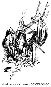 Fate Wills, this scene shows a beggar sitting and three men standing near him, one man kept hand on beggar's shoulder, begging bowl on ground, vintage line drawing or engraving illustration