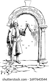 Fate Wills, this scene shows a man standing near mirror, vintage line drawing or engraving illustration