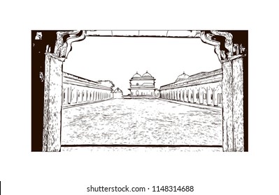 Fatehpur Sikri is a small city in northern India, just west of Agra, founded by a 16th-century Mughal emperor. Hand drawn sketch illustration in vector.