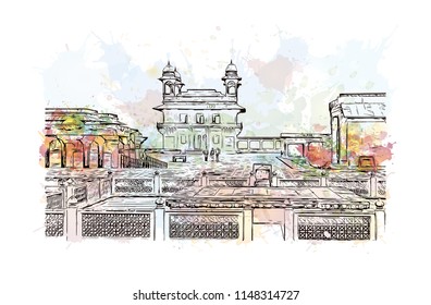 Fatehpur Sikri is a small city in northern India, just west of Agra, founded by a 16th-century Mughal emperor. Watercolor splash with hand drawn sketch illustration in vector.