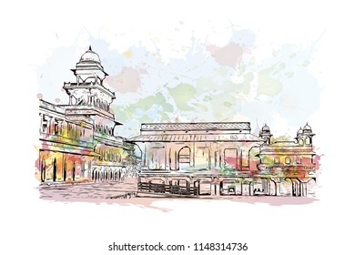 Fatehpur Sikri is a small city in northern India, just west of Agra, founded by a 16th-century Mughal emperor. Watercolor splash with hand drawn sketch illustration in vector.