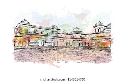 Fatehpur Sikri is a small city in northern India, just west of Agra, founded by a 16th-century Mughal emperor. Watercolor splash with hand drawn sketch illustration in vector.