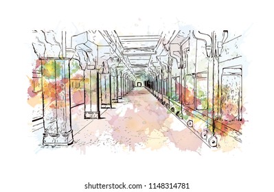 Fatehpur Sikri is a small city in northern India, just west of Agra, founded by a 16th-century Mughal emperor. Watercolor splash with hand drawn sketch illustration in vector.
