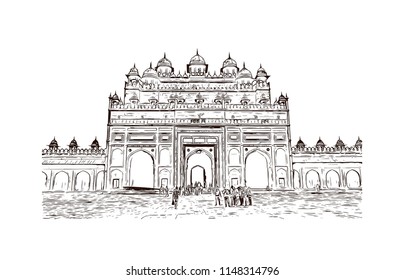 Fatehpur Sikri is a small city in northern India, just west of Agra, founded by a 16th-century Mughal emperor. Red sandstone buildings cluster at its center. Hand drawn sketch illustration in vector.