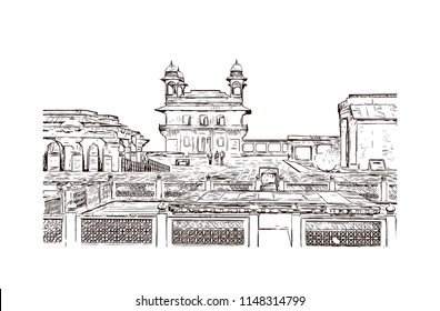 Fatehpur Sikri is a small city in northern India, just west of Agra, founded by a 16th-century Mughal emperor. Red sandstone buildings cluster at its center. Hand drawn sketch illustration in vector.