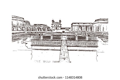 Fatehpur Sikri is a small city in northern India, just west of Agra, founded by a 16th-century Mughal emperor. Red sandstone buildings cluster at its center. Hand drawn sketch illustration in vector.