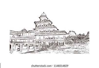 Fatehpur Sikri is a small city in northern India, just west of Agra, founded by a 16th-century Mughal emperor. Red sandstone buildings cluster at its center. Hand drawn sketch illustration in vector.