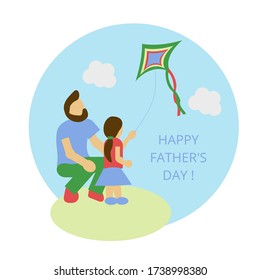 Fater's day celebration card. Father and daughter fly kite