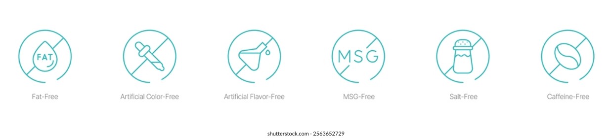 Fat-Free, Artificial Color-Free, Artificial Flavor-Free, MSG-Free, Salt-Free, and Caffeine-Free Vector Icon Set for Clean and Healthy Labeling