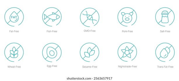 Fat-Free, Fish-Free, GMO-Free, Pork-Free, Salt-Free, Wheat-Free, Egg-Free, Sesame-Free, Nightshade-Free, and Trans Fat-Free Vector Icon Set for Healthy and Inclusive Food Packaging