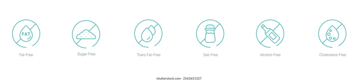 Fat-Free, Sugar-Free, Trans Fat-Free, Salt-Free, Alcohol-Free, and Cholesterol-Free Vector Icon Set for Healthy Food Labeling