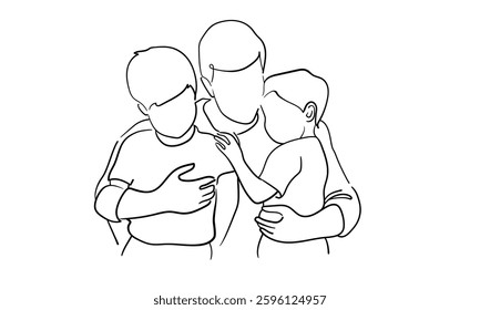 Father with 2 children continuous line art drawing isolated on white background. Father`s Day. Vector illustration