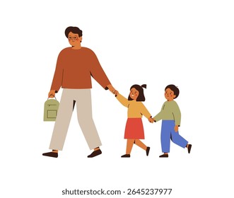 Father accompany his children to school. Asian Man hold hands daughter and son and go together to kindergarten. Back to school concept. Parental control,care about kids. Vector illustration