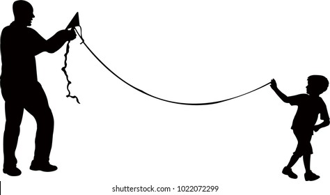 a father adn son flying kite, silhouette vector