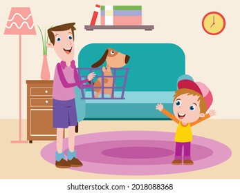 Father adopting a pet for son 2d cartoon vector concept for banner, website, illustration, landing page, flyer, etc.