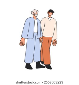 Father and adult son walking together. Senior elderly old and young men strolling outdoors. Happy males from older and younger generations. Flat vector illustration isolated on white background