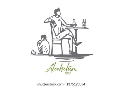 Father, alcohol, drunk, child, alcoholism concept. Hand drawn drunk father and child at home concept sketch. Isolated vector illustration.