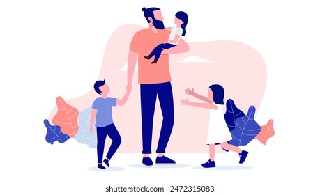 Father alone playing with three children - Dad parent outdoors holding hand and carrying kids having fun together. Front view flat design vector illustration with white background