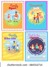 Father amusing with children in park, watching film in cinema, riding bikes or doing sport outside vector poster of four cards