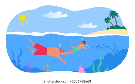 father ana son swimming  underwater snorkeling with diving mask summer tropical vacation vector illustration