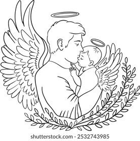 Father angel and Baby angel, angel daddy kissing baby with wings vector line art with floral. Father and baby meet in heaven, memorial line art.