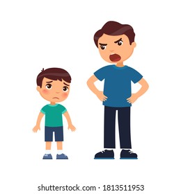 The father angrily scolds the little sad son. Abusive parenting concept. Cartoon character isolated on white background. Flat vector color illustration