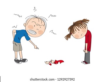 Father angry with his daughter, pointing his finger at broken cup on the floor, girl is looking sad, waiting to be punished  - original hand drawn illustration