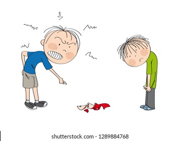 Father angry with his son, pointing his finger at broken cup on the floor, boy is looking sad, waiting to be punished  - original hand drawn illustration