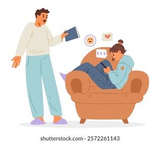 Father arguing with his daughter teenager with social media addiction flat vector illustration isolated on white. 