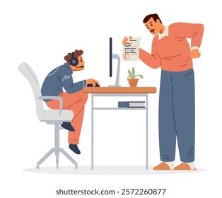 Father arguing with his son teenager because of his poor grades. Teenage boy with video games addiction playing computer ignoring his father flat vector illustration isolated on white.