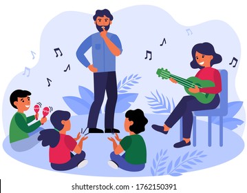 Father asking kids to keep silence. Playing guitar, maracas, fun flat vector illustration. Family, music concept for banner, website design or landing web page