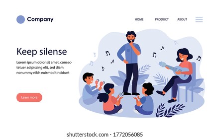 Father asking kids to keep silence. Playing guitar, maracas, fun flat vector illustration. Family, music concept for banner, website design or landing web page